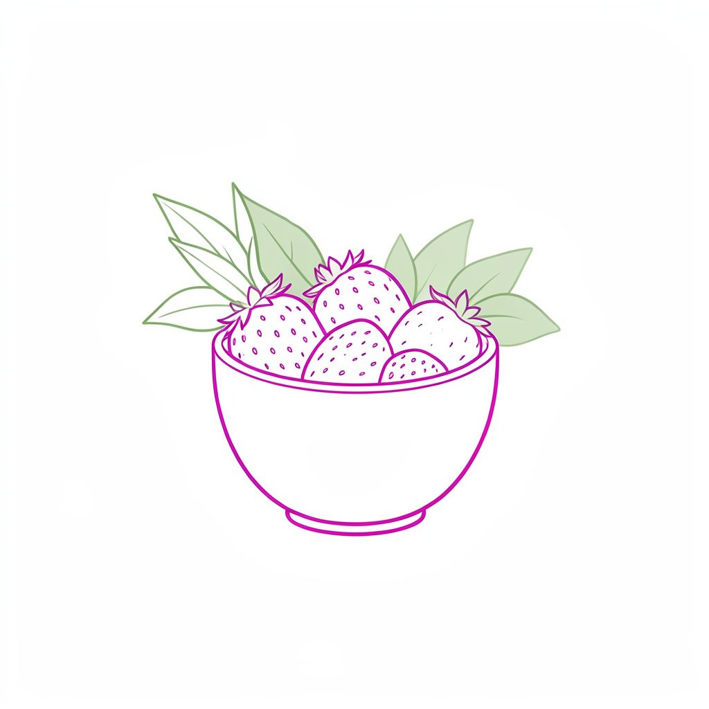 Ligne minimaliste d'un bol de fruits frais et de feuilles vertes, tons blanc cassé et vert tendre sur fond doux