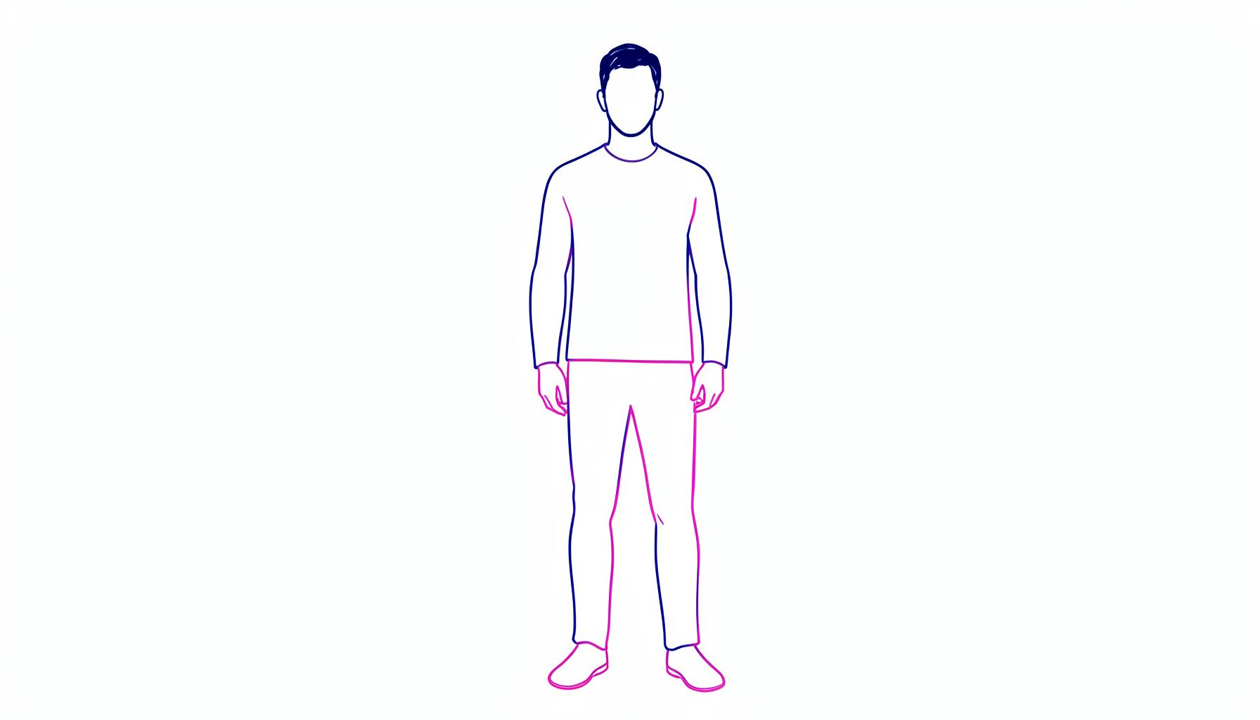 Dessin au trait épuré d'une silhouette masculine en posture droite et confiante, tons indigo profond et blanc, ambiance sobre et moderne