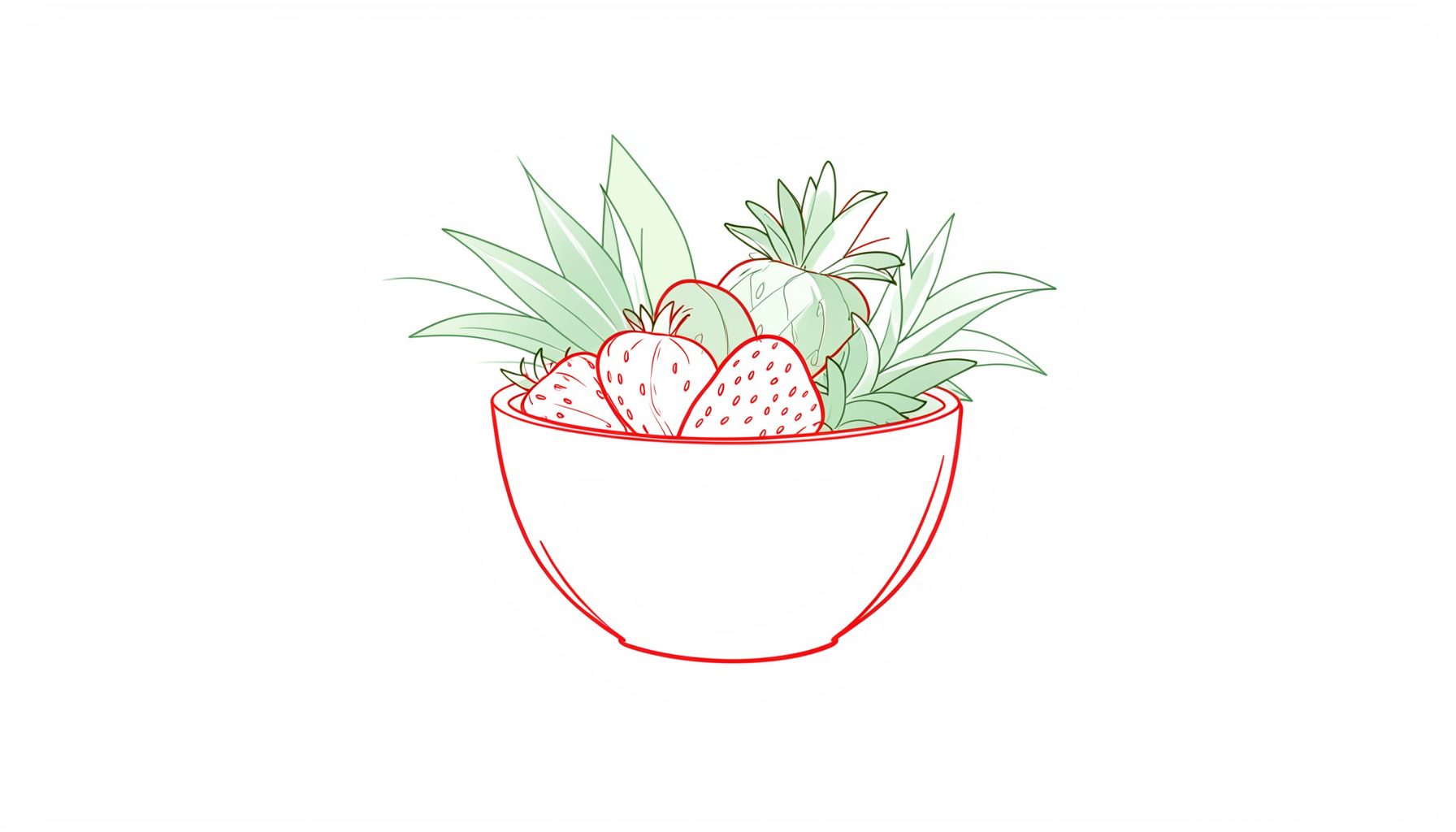 Ligne minimaliste d'un bol de fruits frais et de feuilles vertes, tons blanc cassé et vert tendre sur fond doux