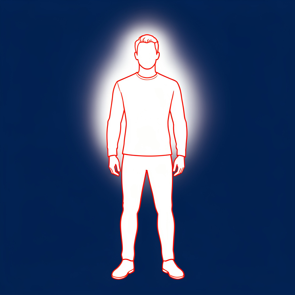 Illustration minimaliste d'une silhouette masculine debout, confiante, sur fond bleu nuit profond avec un halo lumineux