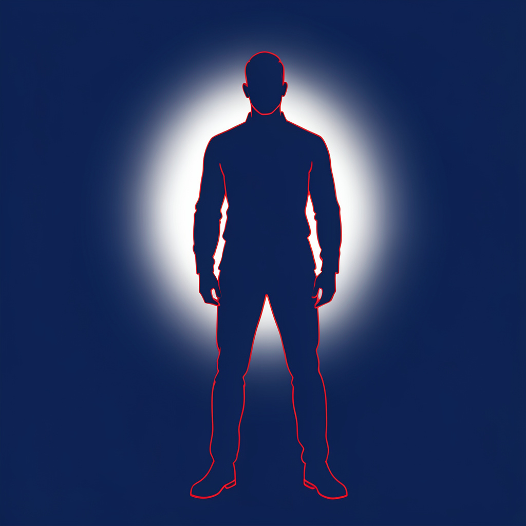Silhouette masculine debout, confiante, sur fond bleu nuit profond avec un halo lumineux doux