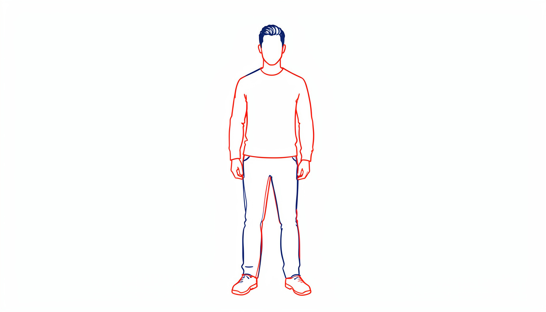 Illustration minimaliste d'une silhouette masculine en posture droite, tons indigo et blanc