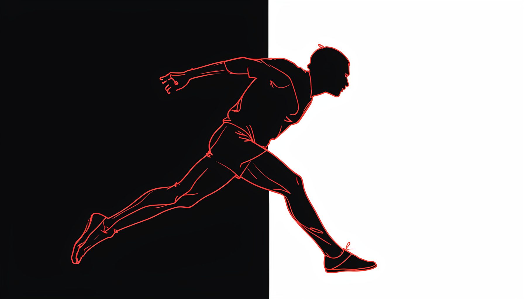 Silhouette en mouvement sur un fond sombre, lignes épurées évoquant l'effort physique et la persévérance, tons noir profond et gris anthracite