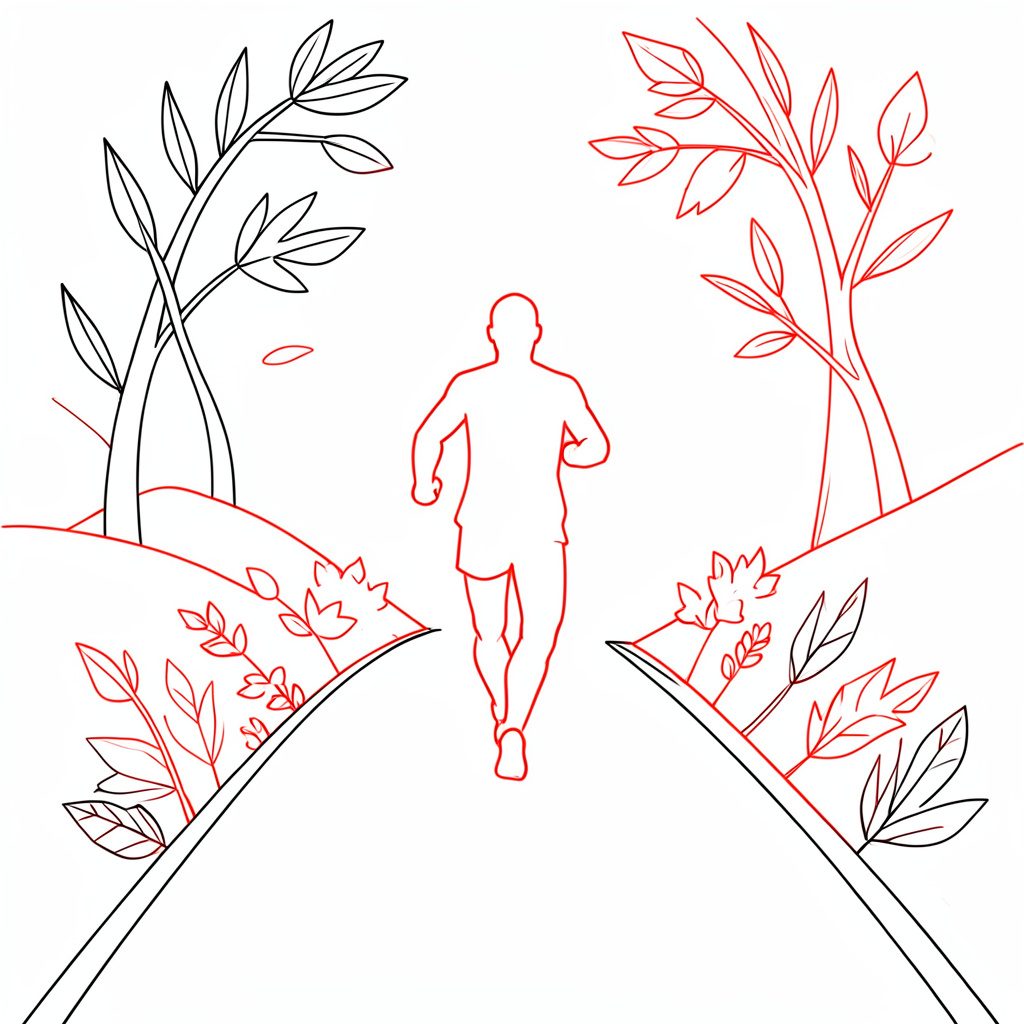 Dessin minimaliste d'une silhouette courant sur un chemin, entourée de feuilles et de lignes épurées, tons noir et blanc