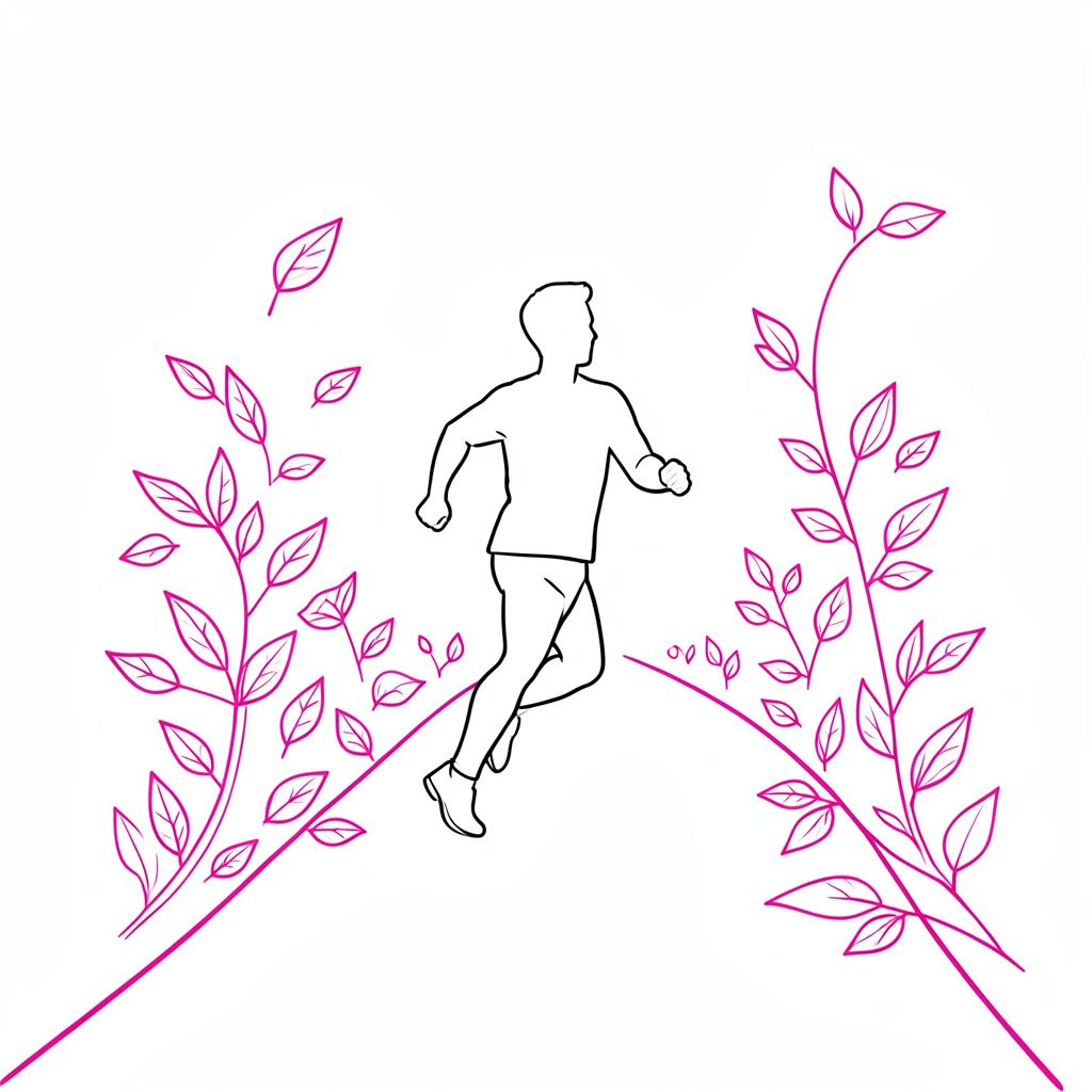 Illustration simple en noir et blanc d'une silhouette courant sur un chemin, entourée de feuilles et de lignes épurées