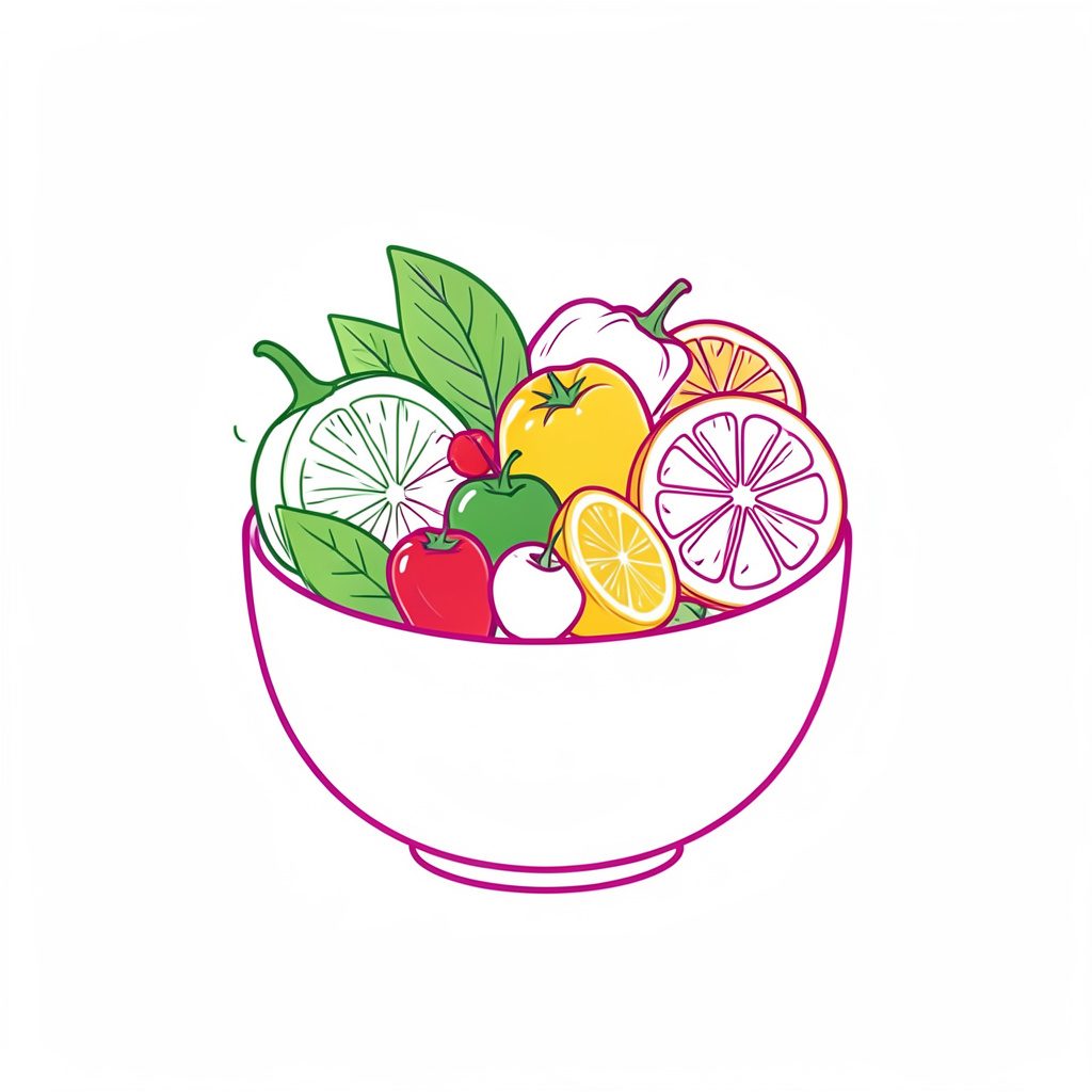 Dessin minimaliste d'un bol rempli de légumes frais, de piments et de tranches d'agrumes, dans des tons verts, rouges et jaunes