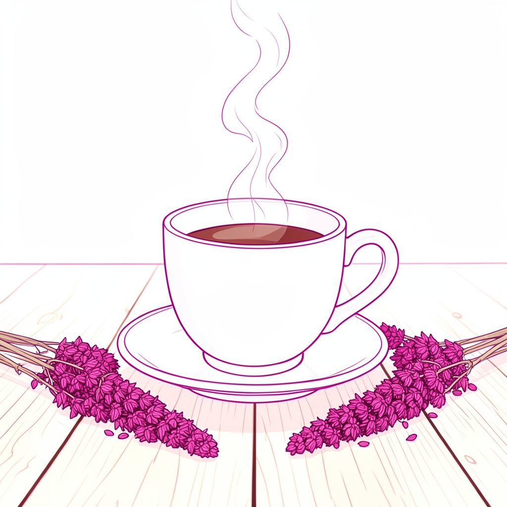 Tasse de thé Rooibos rouge-brun fumante posée sur une table en bois clair, entourée de brins de rooibos séchés, ambiance chaleureuse