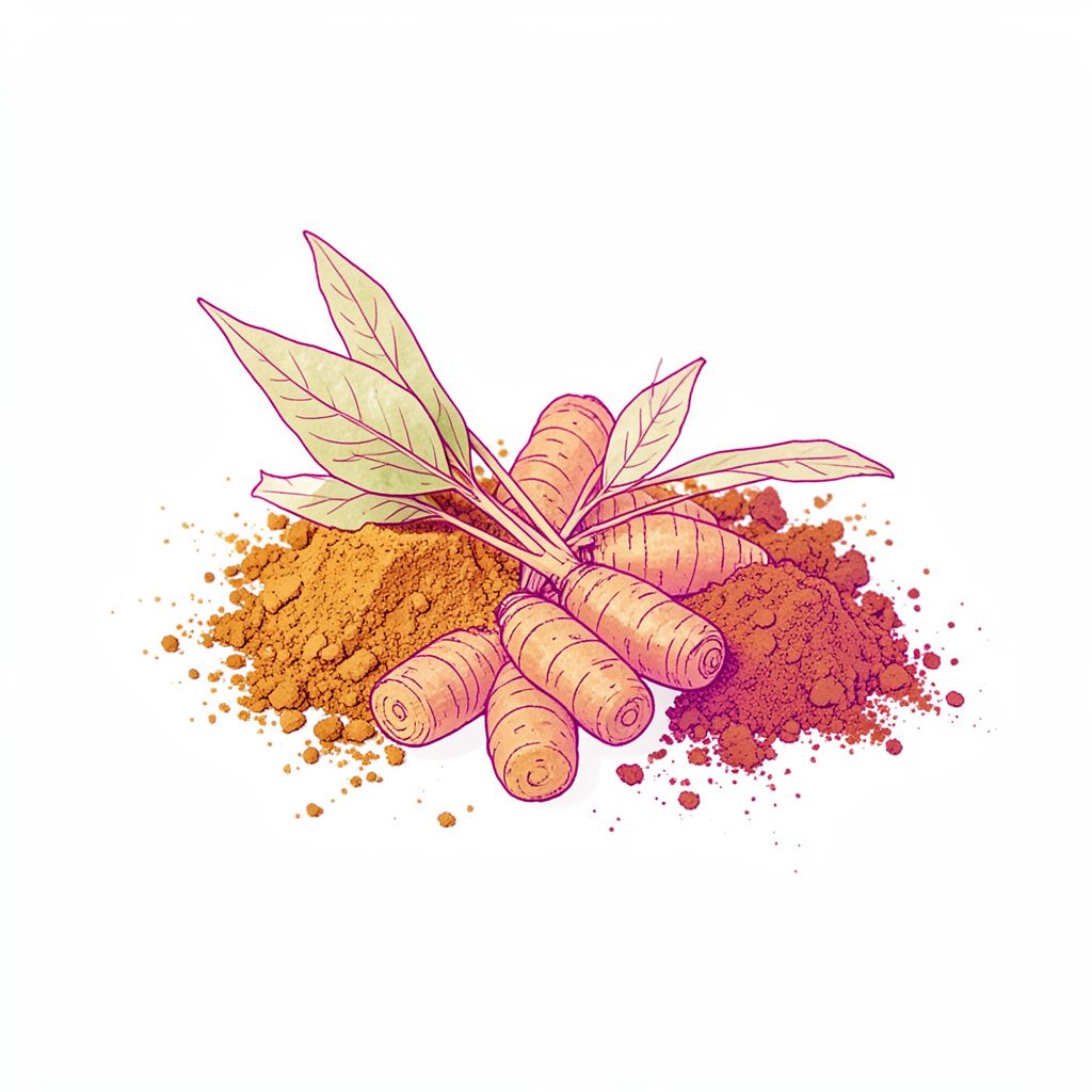 Racines de curcuma fraîches et poudre dorée disposées sur une surface claire, tons chauds orangés et bruns, ambiance naturelle