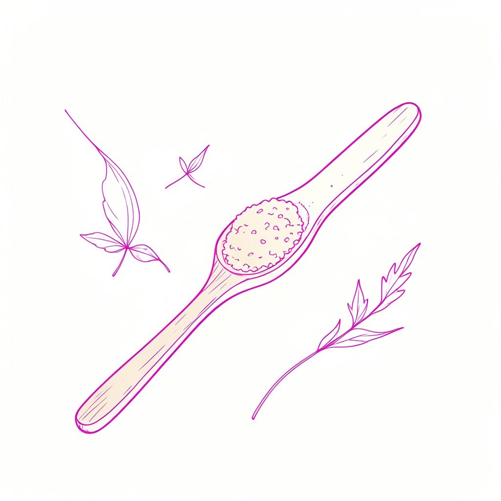 Illustration minimaliste d'une cuillère en bois remplie de poudre de psyllium beige clair, posée sur un fond doux crème